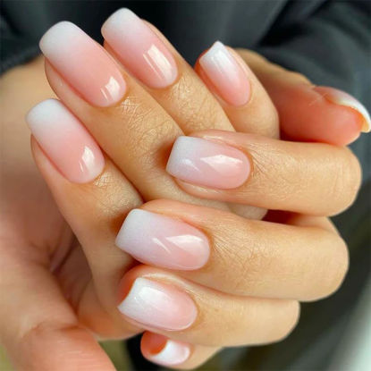 Picture of Curvlife 24 Pcs Press on Nails Acrylic Fake Nails with Design Full Cover False Nails for Women Reusable Nail Kit with Nail Glue Adhesive Tabs Nail File (ivory gradient white, 24pcs)