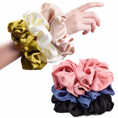 Picture of CEELGON Big Real Silk Scrunchies for Women 6.3Inches Large Scrunchie Satin Oversized Silk Thick Elastic Hair Ties Jumbo Hair Scrunchies 6 Pack (Black,White,Pink, Champagne,Navy,Yellow)
