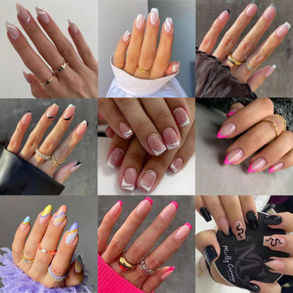 Picture of 9 Packs (216 Pcs) Press on Nails, Jsiallye Swirl Press on Nails Almond, French Tip Press on Nails Short Square, Glue on Nails for Girl Nail Art, 12 Size of Fake Nails - 9 Styles Nail Kits