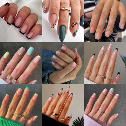 Picture of 9 Packs (216 Pcs) Press on Nails, Jsiallye Short French Tip Press on Nails, Press on Nails Almond Square with Flower, Glue on Nails for Girl Nail Art, 12 Size of Fake Nails - 9 Styles Nail Kits
