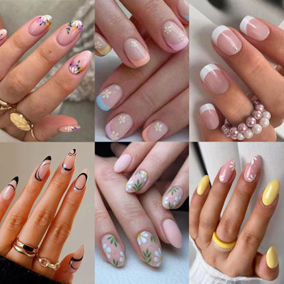 Picture of 6 Packs (144 Pcs) Press on Nails Short - Jsiallye Flower Press on Nails Almond, Oval French Tip Press on Nails, Glue on Nails in 12 Sizes - 24 Fake Nails Kit, Stick on Nails for Women