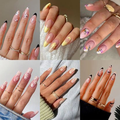 Picture of 6 Packs (144 Pcs) Press on Nails Medium, Jsiallye Press on Nails Ballet with Daisy, Flower Press on Nails Almond, Glue on Nail in 12 Sizes - 24 Fake Nails Kit, Stick on Nails for Women