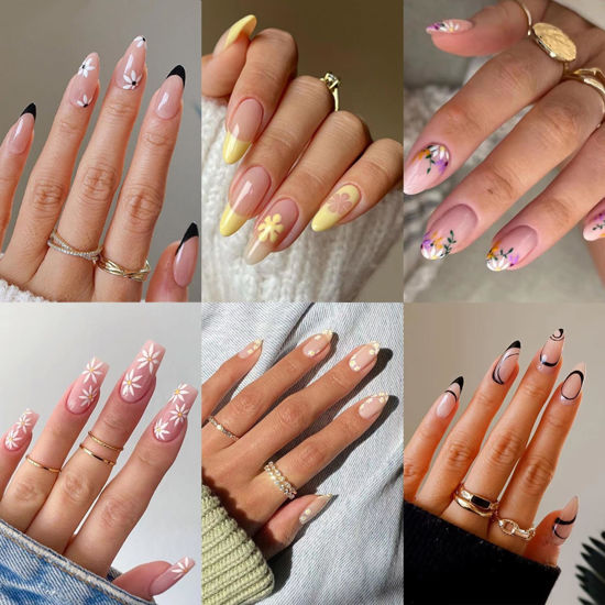 Picture of 6 Packs (144 Pcs) Press on Nails Medium, Jsiallye Press on Nails Ballet with Daisy, Flower Press on Nails Almond, Glue on Nail in 12 Sizes - 24 Fake Nails Kit, Stick on Nails for Women