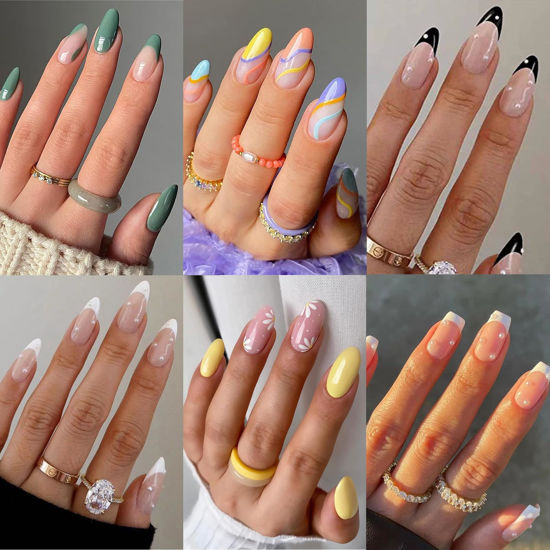 Picture of 6 Packs (144 Pcs) Press on Nails, Jsiallye French Tip Press on Nails Almond Square with Pearl, Flower Swirl Press on Nails, Glue on Nails in 12 Sizes - 24 Fake Nails Kit, Stick on Nails for Women
