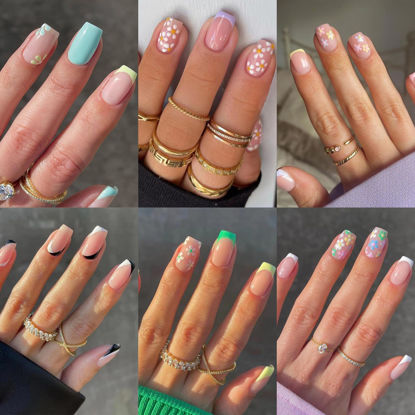 Picture of 6 Packs (144 Pcs) Press on Nails Medium, Jsiallye French Tip Press on Nails with Flower Design Square, Glue on Nails in 12 Sizes - 24 Fake Nails Kit, Summer Collection Stick on Nails for Women