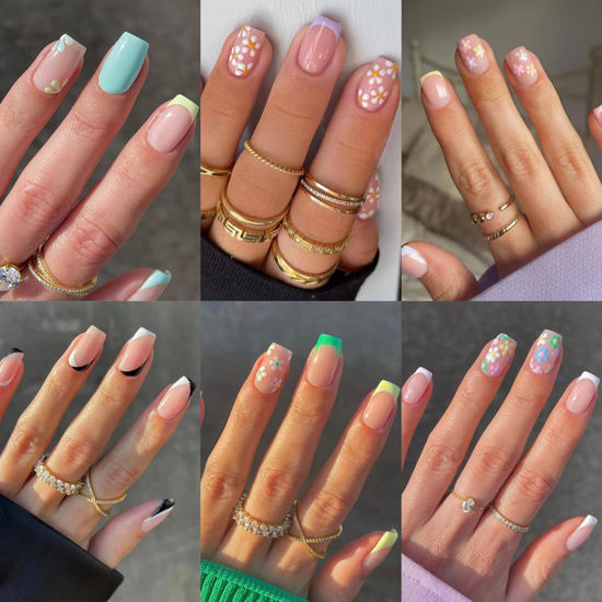 Picture of 6 Packs (144 Pcs) Press on Nails Medium, Jsiallye French Tip Press on Nails with Flower Design Square, Glue on Nails in 12 Sizes - 24 Fake Nails Kit, Summer Collection Stick on Nails for Women