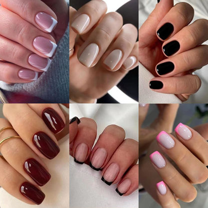 Picture of 6 Packs (144 Pcs) French Tip Press on Nails - Jsiallye Wine Red/Black/Milky White Solid Color Short Square Press on Nails, Glue on with Nail in 12 Sizes - 24 Fake Nails Kit, Stick on Nails for Women
