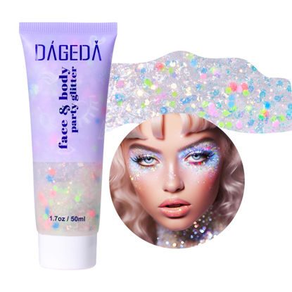 Picture of DAGEDA Rainbow Body Glitter Gel, Face Glitter for Pride Day Makeup Sequins Shimmer Eyeshadow, Chunky Glitter for Face Hair, Holographic Cosmetic Laser Powder Festival Glitter Makeup1.7oz (Candy Color)
