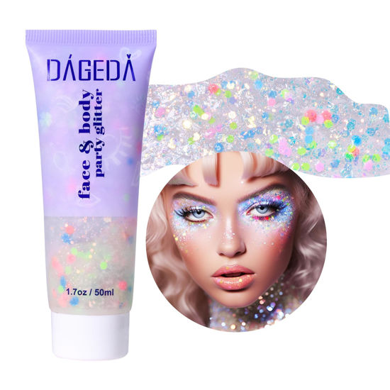 Picture of DAGEDA Rainbow Body Glitter Gel, Face Glitter for Pride Day Makeup Sequins Shimmer Eyeshadow, Chunky Glitter for Face Hair, Holographic Cosmetic Laser Powder Festival Glitter Makeup1.7oz (Candy Color)