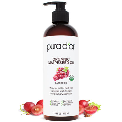 Picture of PURA D'OR 16 Oz Organic Grapeseed Oil - 100% Pure & Natural USDA Certified Cold Pressed Carrier Oil - Light & Silky, Unscented, Hexane Free Liquid Moisturizer - Face Skin & Hair - Men & Women