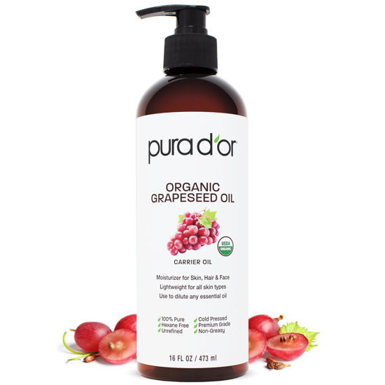 Picture of PURA D'OR 16 Oz Organic Grapeseed Oil - 100% Pure & Natural USDA Certified Cold Pressed Carrier Oil - Light & Silky, Unscented, Hexane Free Liquid Moisturizer - Face Skin & Hair - Men & Women