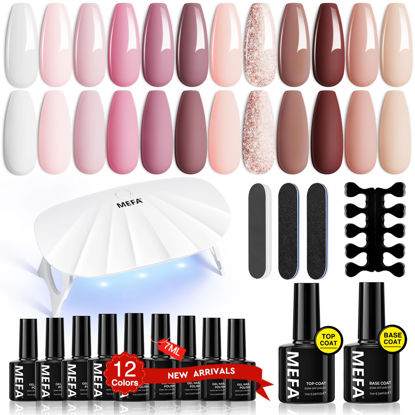 Picture of MEFA 19 Pcs Gel Nail Polish Kit with U V Light, 12 Colors All Seasons Nude Milky White Soak Off Gel Polish Nail Set with Base Top Coat Essential Manicure Tools Beginners Salon Nails DIY Art