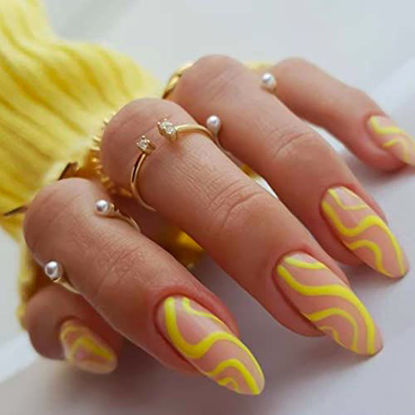 Picture of YOSOMK 24Pcs Press on Nails Medium Full Cover Almond Fake Nails Glossy Stick on Nails Short French False Nails with Glue Acrylic Nails for Women & Girls?Yellow lines?