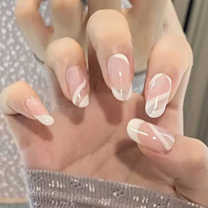 Picture of YOSOMK 24Pcs Press on Nails Short Full Cover Fake Nails Glossy Glue on Nails Short French False Nails with Glue Acrylic Nails for Women & Girls?White Lines)