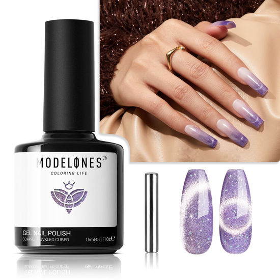 Picture of modelones Cat Eye Gel Nail Polish, 15 ML Glitter Purple Gel Polish with Magnet Christmas Sparkle Galaxy Series Winter Nail Gel Polish Soak Off Led Reflective Nail Art Gel Manicure Salon DIY Gifts