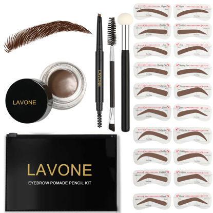 Picture of LAVONE Eyebrow Stamp Stencil Kit, Brow Stamp Trio Kit with Waterproof Eyebrow Pencil, Eyebrow Pomade, 20 Eyebrow Stencils, Dual-ended Eyebrow Brush and Sponge Applicator - Dark Brown