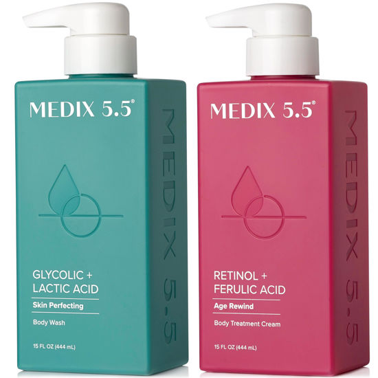 Picture of MEDIX 5.5 Exfoliating AHA Glycolic Acid Face & Body Scrub Cleanser + Retinol Moisturizing Body Cream Lotion Skin Care 2PC Set | Alpha Hydroxy Acid & Lactic Acid Foaming Body Wash & Face Wash, 2-PC