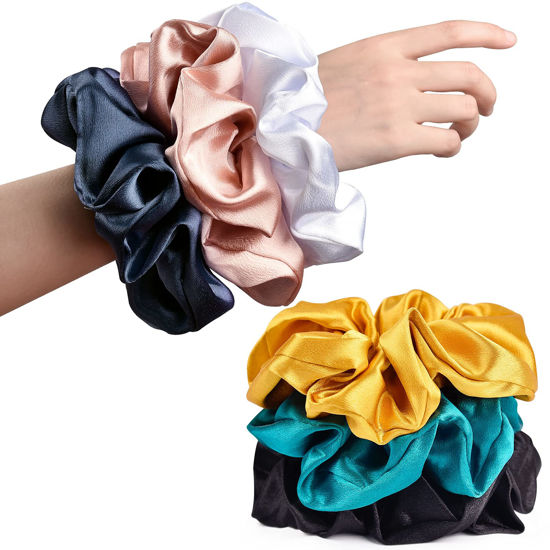 Picture of CEELGON Black Big Satin Scrunchies for Women Large Scrunchie Blue Satin Hair Ties Oversized Thick Elastic Jumbo Hair Scrunchies 6 Pack (black,gold,champagne,blue,green,white)