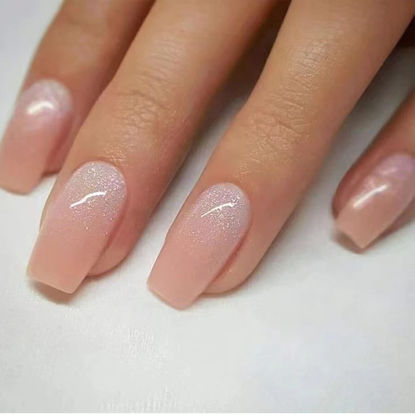 Picture of DANMANR Square Press on Nails Short Fake Nails French Acrylic Full Cover False Nails for Women and Girls 24PCS (Gradient peach bling)