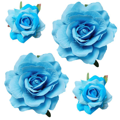 Picture of Topbuti Rose Hair Clip Flower Hairpin Rose Brooch Floral Clips, 4 Pcs Fabric Rose Flowers Hair Clips Mexican Hair Flowers Pin up Headpieces for Woman Girl Wedding Party Mother's Day (Light Blue)