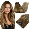 Picture of Full Shine Clip in Hair Extensions Ombre Human Hair Brown Balayage to Ash Brown Mix Honey Blonde And Lightest Blonde Straight Human Hair Extensions Clip ins 20 Inch Double Weft Clip in Extensions