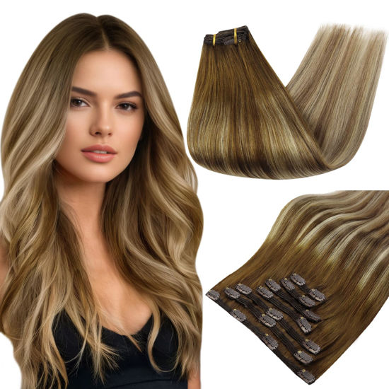 Picture of Full Shine Clip in Hair Extensions Ombre Human Hair Brown Balayage to Ash Brown Mix Honey Blonde And Lightest Blonde Straight Human Hair Extensions Clip ins 20 Inch Double Weft Clip in Extensions