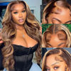 Picture of SPOU Highlight Ombre 13x6 Lace Front Wig Human Hair 28 Inch Body Wave Honey Blonde Glueless HD Transparent Lace Frontal Wigs for Women 180 Density Human Hair Pre Plucked with Baby Hair