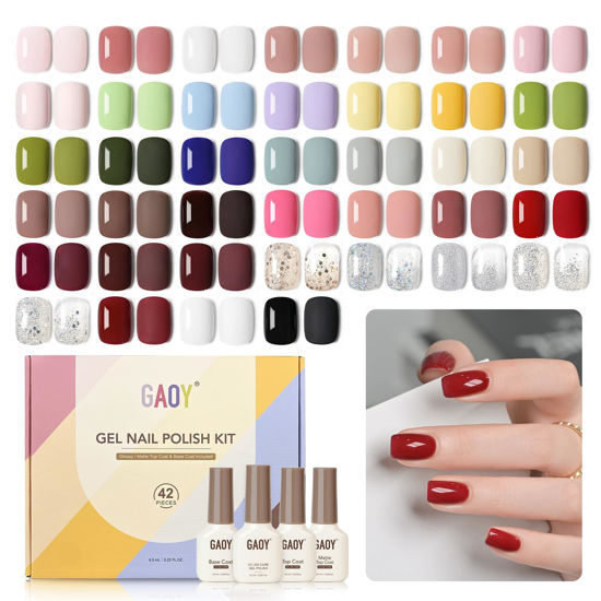 Picture of GAOY 42 Pcs Gel Nail Polish Kit, Jelly Pink Glitter White Burgundy Red Black Colors All Seasons Gel Nail Polish Set with Glossy & Matte Top Coat and Base Coat for Salon and DIY Manicure at Home