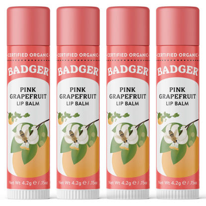 Picture of Badger - Classic Lip Balm, Pink Grapefruit, Made with Organic Olive Oil, Beeswax & Rosemary, Certified Organic, Moisturizing Lip Balm, 0.15 oz (4 Pack)