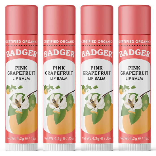 Picture of Badger - Classic Lip Balm, Pink Grapefruit, Made with Organic Olive Oil, Beeswax & Rosemary, Certified Organic, Moisturizing Lip Balm, 0.15 oz (4 Pack)