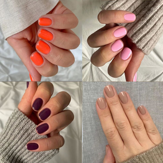 Picture of 96Pcs Press On Nails Short Square Fake Nails Orange Pink Dark Purple Brown False Nails With Glossy Designs Acrylic Nails Press Ons Short Full Cover Glue On Nails Stick On Nails For Women