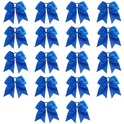 Picture of Cheer Bows, Caenagrion 18 PCS 8" Large Blue Cheer Hair Bows Ponytail Holder Elastic Band Handmade for Cheerleaders Teen Girls College Sports (Blue)