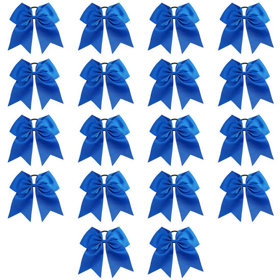Picture of Cheer Bows, Caenagrion 18 PCS 8" Large Blue Cheer Hair Bows Ponytail Holder Elastic Band Handmade for Cheerleaders Teen Girls College Sports (Blue)