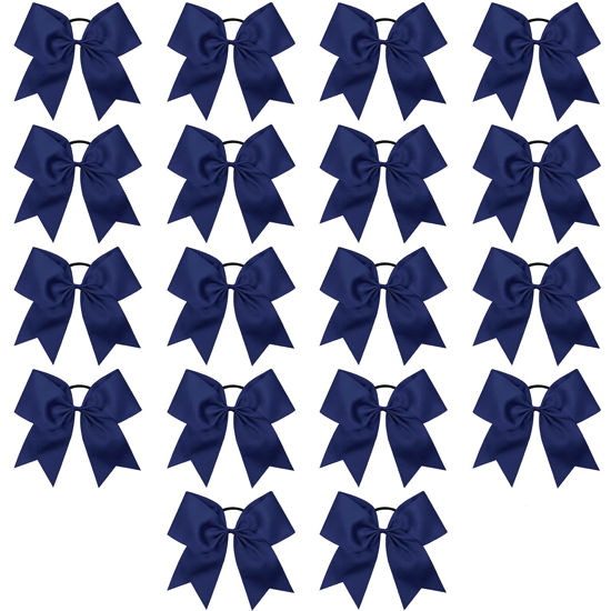 Picture of Cheer Bows, Caenagrion 18 PCS 8" Navy Blue Large Cheer Hair Bows Ponytail Holder Elastic Band Handmade for Cheerleaders Teen Girls College Sports (Navy Blue)