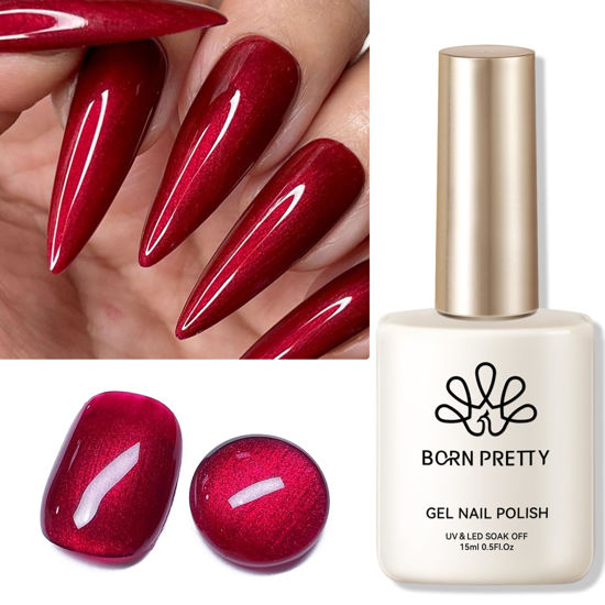 Picture of Born Pretty Pearl Burgundy Gel Nail Polish Dark Wine Red Gel Polish Shimmer Glitter Shiny Scarlet Ruby Pearlescent Nail Polish Mermaid Christmas Gel Nail Art Manicure DIY Gift 15ML
