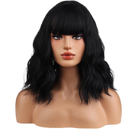 Picture of WTHCOS Black Wig Short Bob Wig Short Curly Wavy Wig With Bangs for Women Heat Resistant Synthetic Wigs for Daily Use Cosplay Wig With Wig Cap