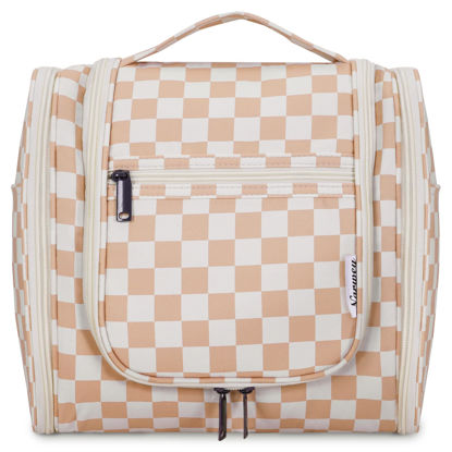 Picture of Hanging Toiletry Bag for Women Travel Makeup Bag Organizer Toiletries Bag for Cosmetics Essentials Accessories (Large, Light Checkerboard-1)