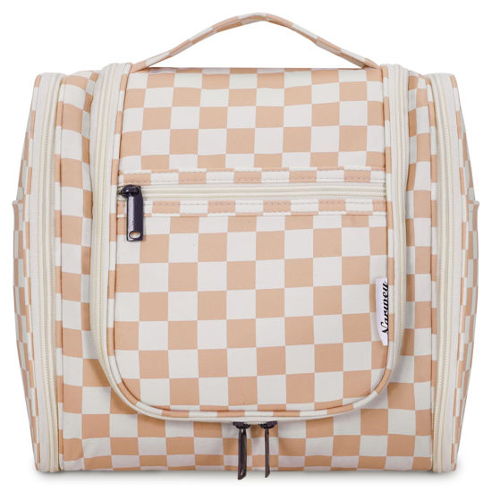 Picture of Hanging Toiletry Bag for Women Travel Makeup Bag Organizer Toiletries Bag for Cosmetics Essentials Accessories (Large, Light Checkerboard-1)