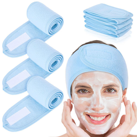 Picture of Whaline Spa Facial Headband Head Wrap Terry Cloth Headband 4 Counts Stretch Towel for Bath, Makeup and Sport (Light Blue)