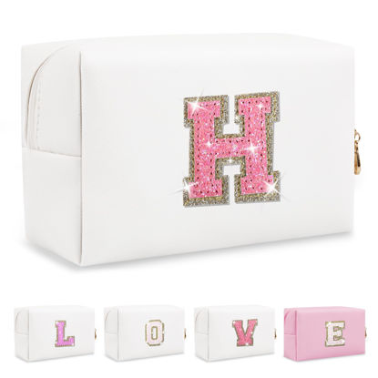 Picture of Small Initial Patch Makeup Bag Personalized Gifts Make Up Bag,White Cute PU Leather Glitter Letter Cosmetic Bag with Zipper,Trendy Portable Travel Toiletry Pouch,Preppy Stuff for Teen Girls Women H