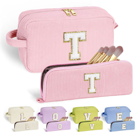 Picture of YOOLIFE Monogram Travel Makeup Bag - Initial Make Up Bag Cosmetic Bag Makeup Brush Bag Makeup Pouch Travel Essentials Cute Makeup Bag Girlfriend Sister Gifts Bridesmaid Gifts for Women Her Letter T