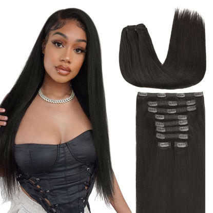 Picture of Lashey Clip in Hair Extensions, Straight 9pcs 150g Natural Black Color, 14 Inch Clip in Hair Extensions Real Human Hair Thick Clip in Hair Extensions for Black Women