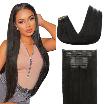 Picture of Lashey Seamless Clip in Human Hair Extensions 130g 9pcs Remy Hair Extensions 100% Real Human Hair, Straight #1B Natural Black Clip in Hair Extensions Human Hair 18 Inch Smooth Hair Extensions