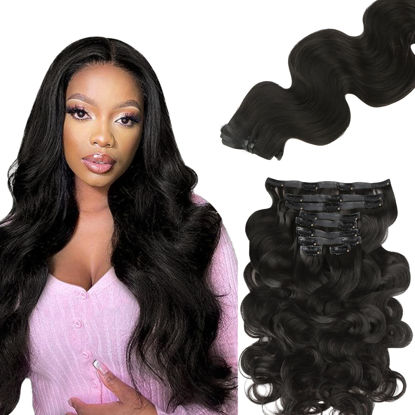 Picture of Lashey Seamless Clip in Hair Extensions Human Hair Body Wave 130g 9pcs Natural Black 18 Inch Clip in Hair Extensions Human Hair PU Clip ins with Invise Edge for Women