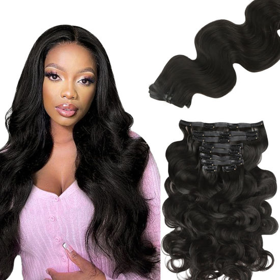Picture of Lashey Seamless Clip in Hair Extensions Human Hair Body Wave 130g 9pcs Natural Black 18 Inch Clip in Hair Extensions Human Hair PU Clip ins with Invise Edge for Women
