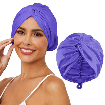 Picture of HFRHTGY Adjustable Silk Satin Hair Bonnet for Sleeping, Double Layer Hair Wrap Sleep Cap Turban for Women Men, Curly Straight Long Large Braid Unisex (Violet 25)