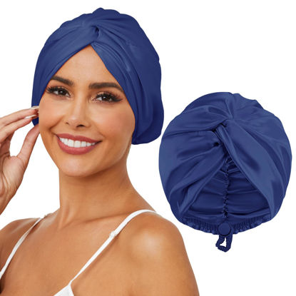 Picture of HFRHTGY Adjustable Silk Satin Hair Bonnet for Sleeping, Double Layer Hair Wrap Sleep Cap Turban for Women Men, Curly Straight Long Large Braid Unisex (Navy Blue 32)