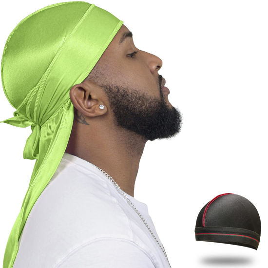 Picture of ForceWave Silky Durag for Men Wave Cap Satin Dorag for Men Women 360 Wave (Lime Green)
