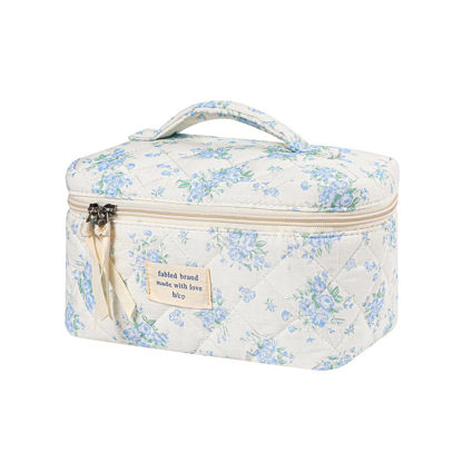 Picture of uekeboag Large Travel Quilted Makeup Bag for Women, Floral Cotton Cosmetic Bag, Coquette Aesthetic Floral Toiletry Organizer Bag (06BlueRose)