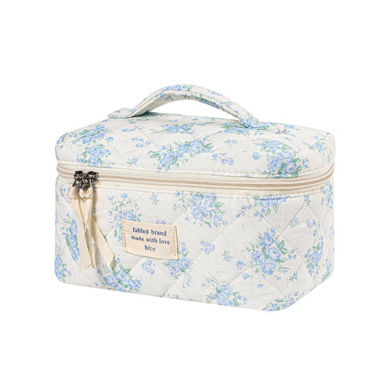 Picture of uekeboag Large Travel Quilted Makeup Bag for Women, Floral Cotton Cosmetic Bag, Coquette Aesthetic Floral Toiletry Organizer Bag (06BlueRose)